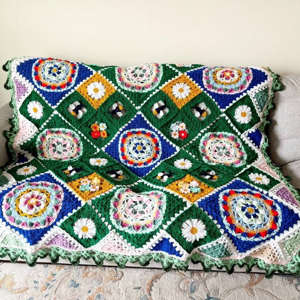 Secret garden style floral granny afghan Handmade Crochet blanket 75” x …